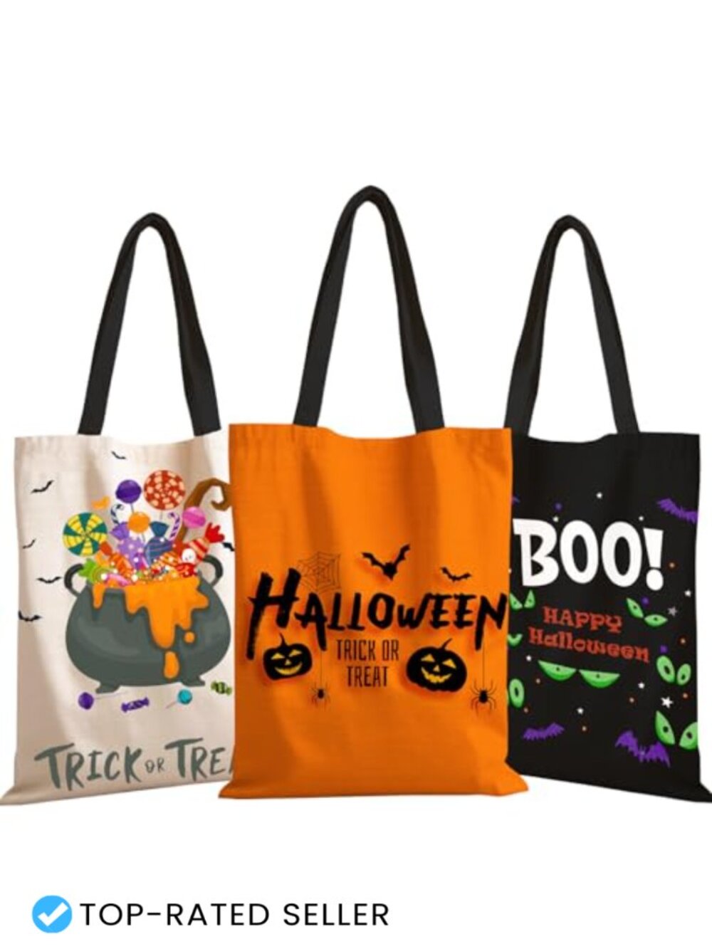 Set of 3 Halloween Treat Bags Canvas Tote Trick or Treat Reusable Candy Bags